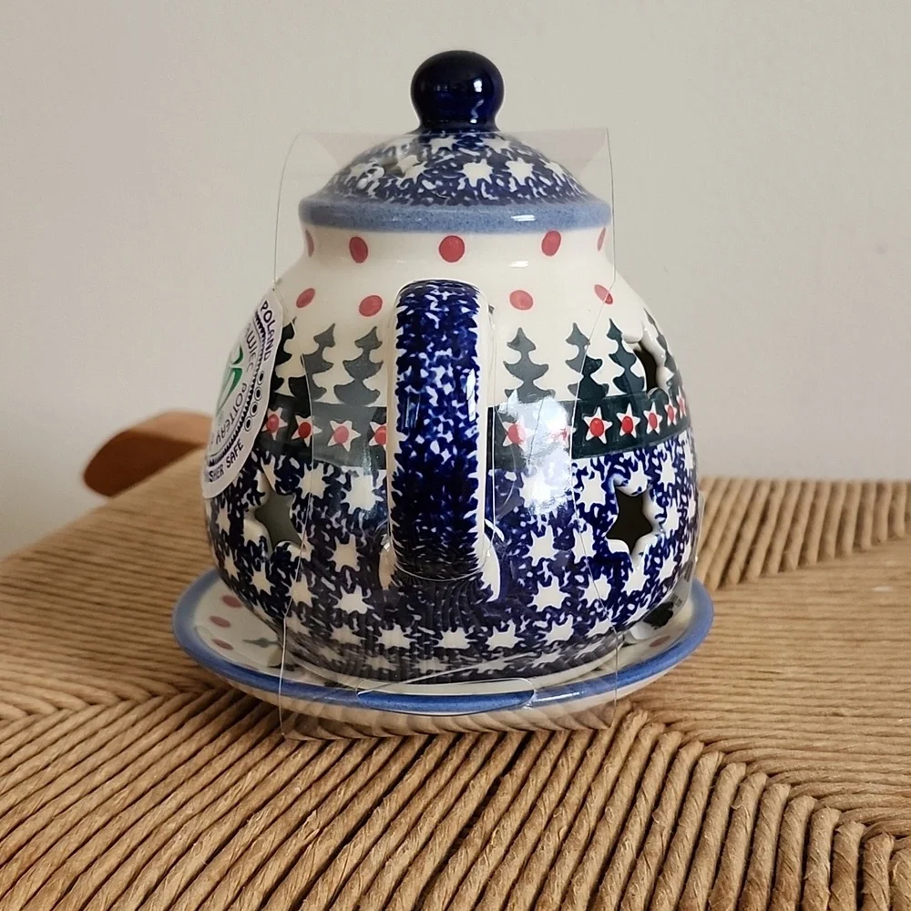 Wiza Blue White Ceramic Teapot w/ Saucer Handmade Made In Poland Cabin Christmas - Picture 2 of 5